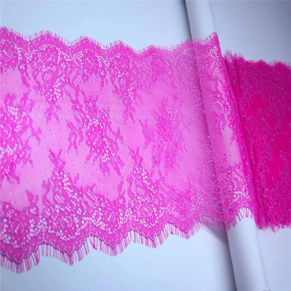 CEMELI 3 meters/lot 22.5cm wide Neon Pink Eyelash Chantilly Lace Trim DIY Lingerie Sewing Accessories French Lace Fabrics for Bra Needle Work
