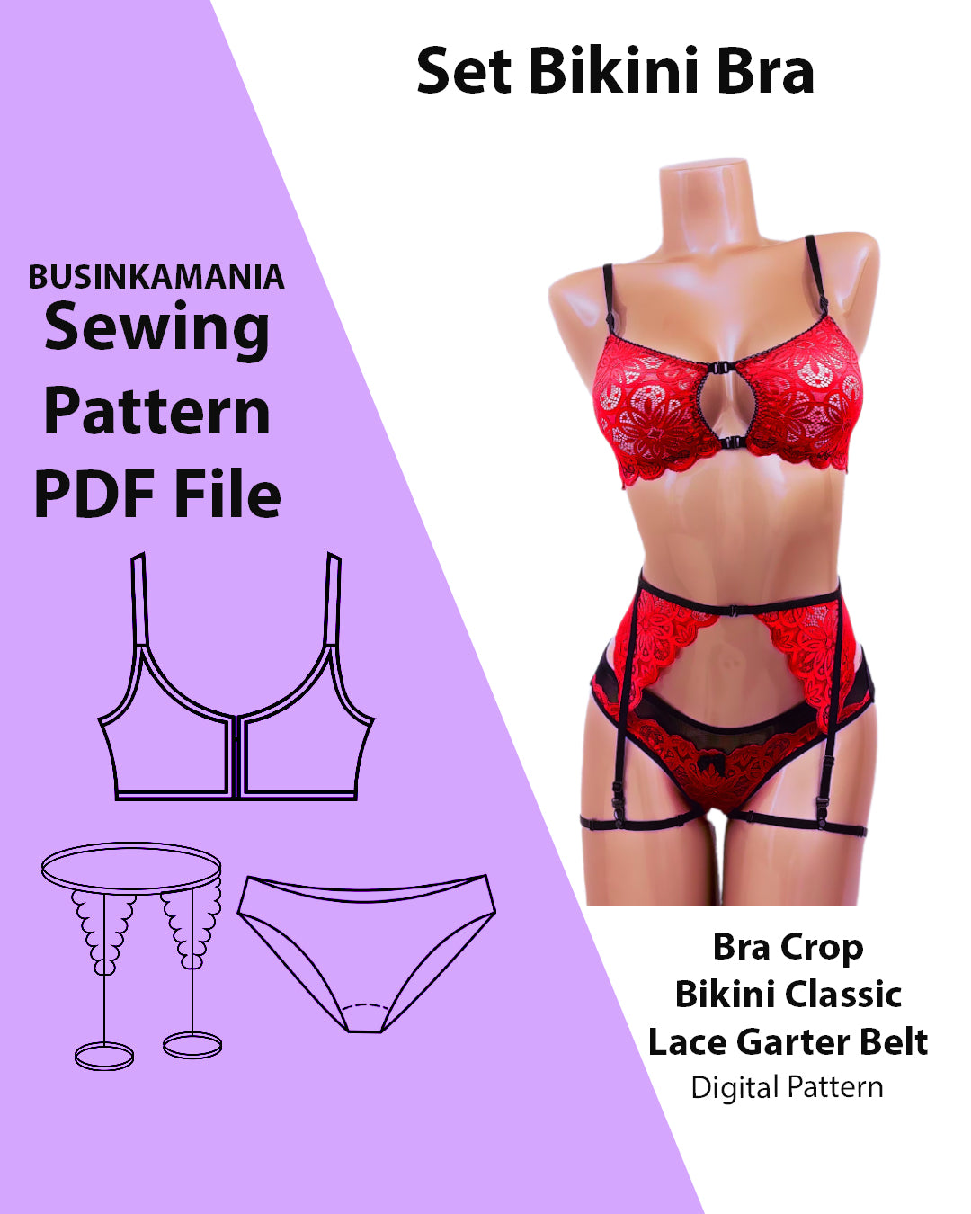 Set - Bikini Classic + Bra Crop Top + Lace Garter Belt - Sewing Pattern