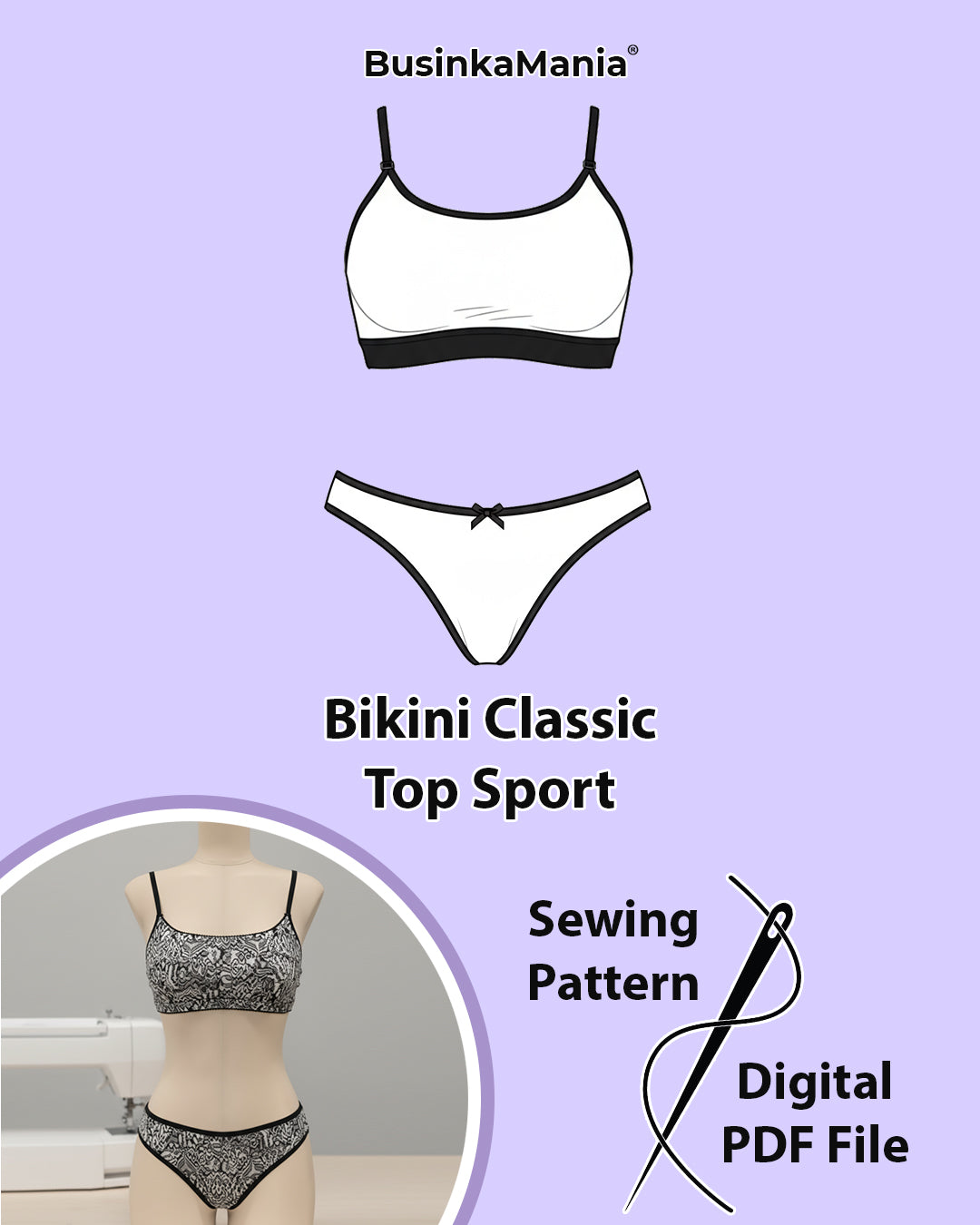 Sport bra top and bikini underwear DIY sewing pattern set.