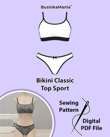 Sport bra top and bikini underwear DIY sewing pattern set.