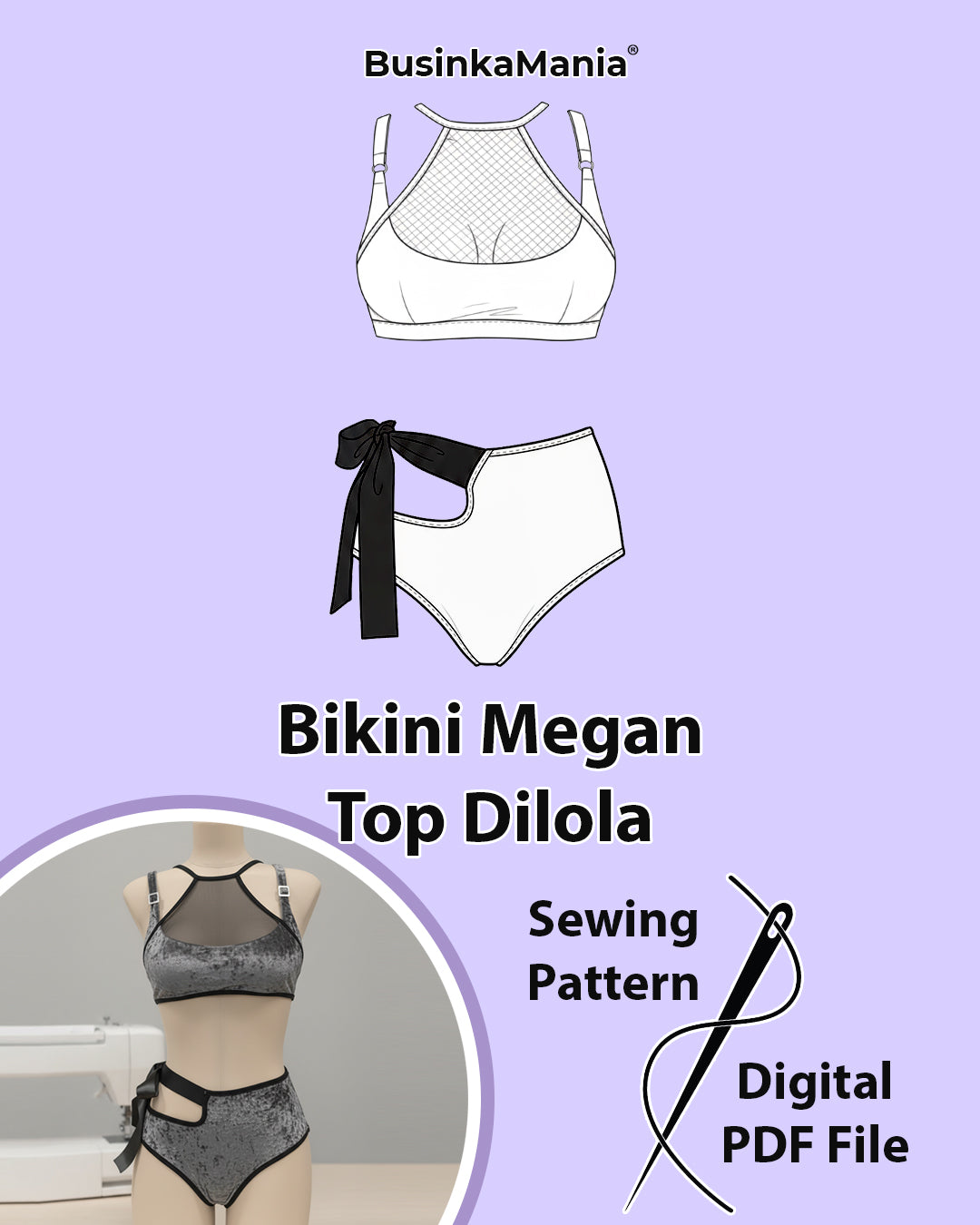 Digital PDF sewing pattern set for Bikini Megan side-tie panties and Dilola top with textured fabric options.