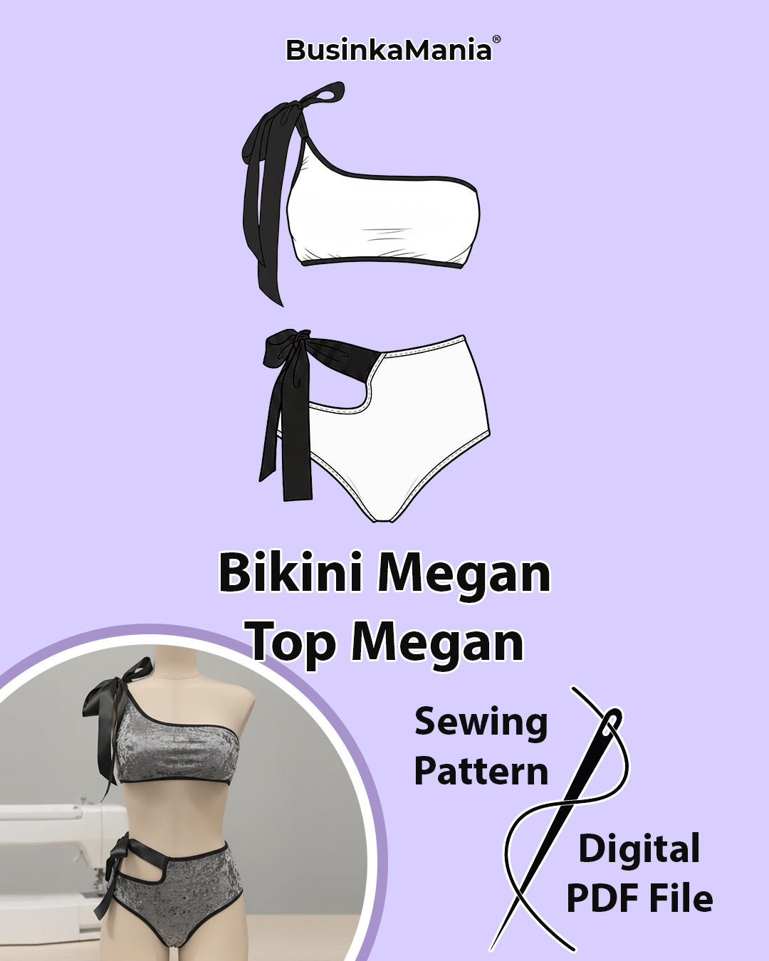 Digital PDF sewing pattern set for one-shoulder top and side-tie bikini panties, suitable for lingerie or swimwear.