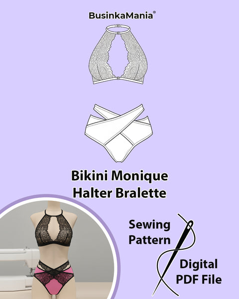 Digital sewing pattern set showing halter lace bralette and “Monique” cross-element bikini on mannequins – printable PDF.