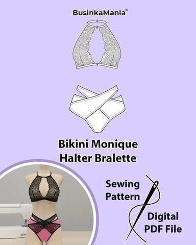 Digital sewing pattern set showing halter lace bralette and “Monique” cross-element bikini on mannequins – printable PDF.