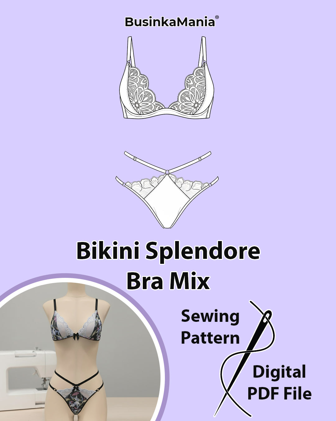 Lingerie sewing pattern set – Bralette Mix and Bikini Splendore with adjustable bikini straps for DIY handmade lingerie or swimwear.