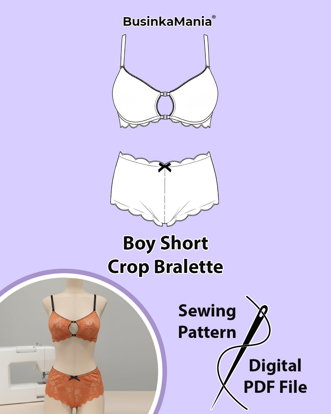 Sewing pattern set – front fastening crop bra and lace boy short panties.
