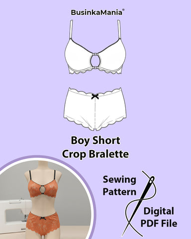 Sewing pattern set – front fastening crop bra and lace boy short panties.