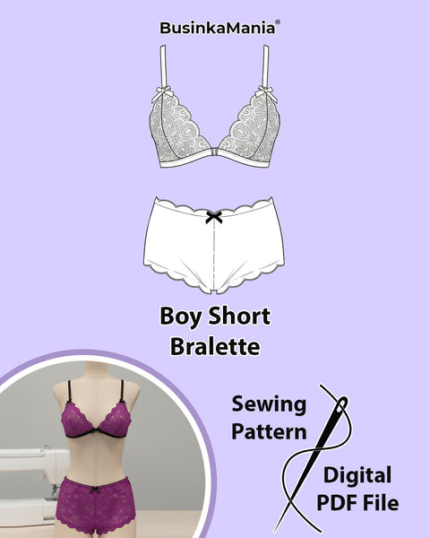 DIY sewing pattern set – lace bralette with adjustable straps and boy short underwear.