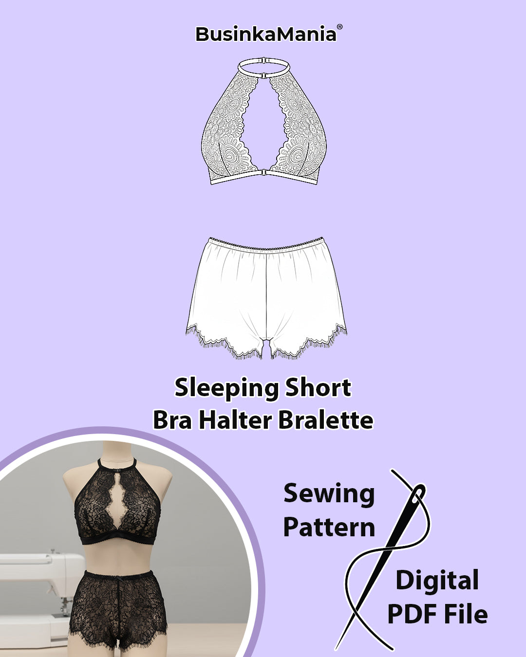 Set - Halter Bralette Bra + Sleeping Short - Sewing Pattern