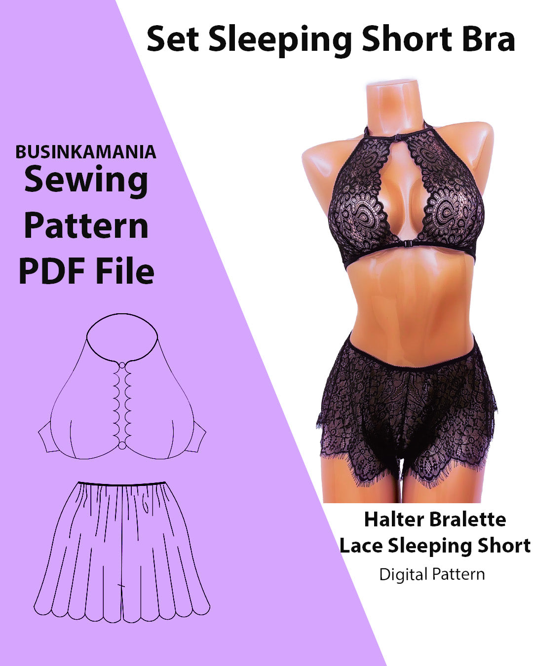 Set - Halter Bralette Bra + Sleeping Short - Sewing Pattern