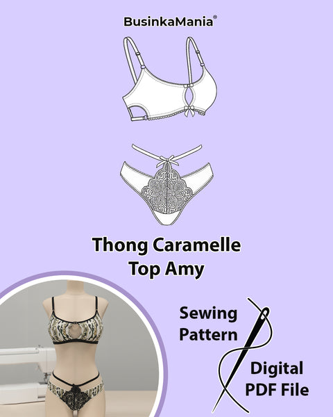 Lace bralette and thong sewing pattern set with adjustable straps.