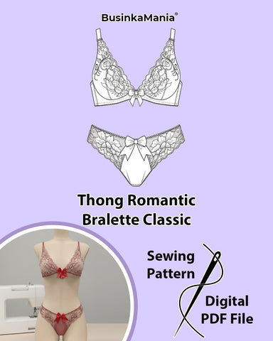 Lingerie sewing pattern set – Bralette Classic and Thong Romantic, lace bralette and lace thong DIY set.