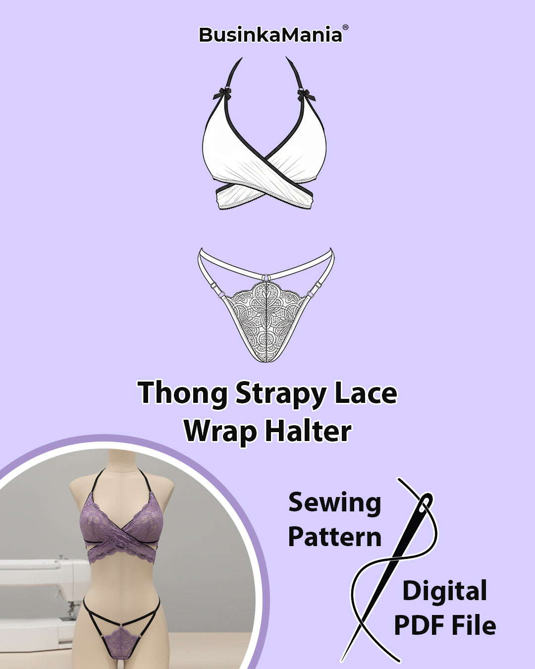 Lace wrap halter bra and adjustable strappy thong sewing pattern DIY set.