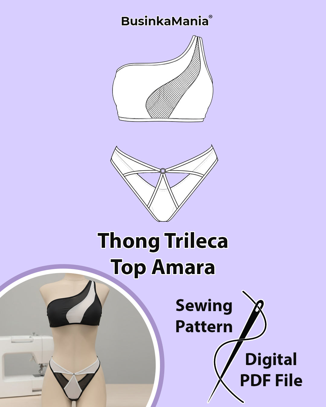 Sewing pattern set – Top Amara reversible stretch top and Thong Trileca, DIY lingerie or swimwear.