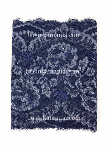 Adorno de encaje de pestañas elástico plateado azul oscuro de 22,50 cm