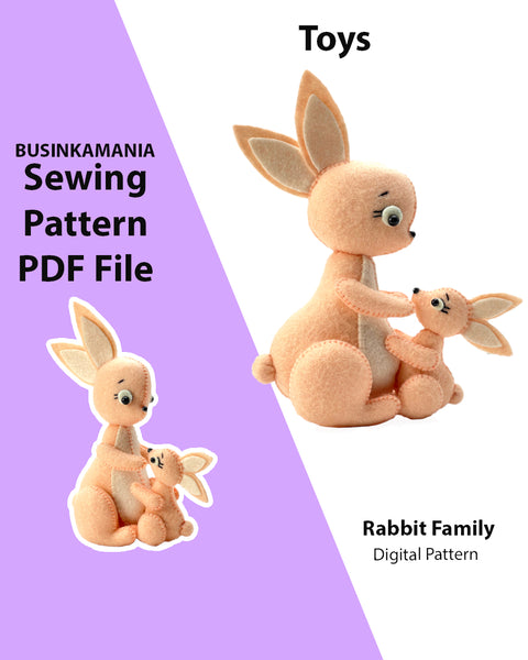 Patrón de costura de juguete de fieltro de la familia de conejos