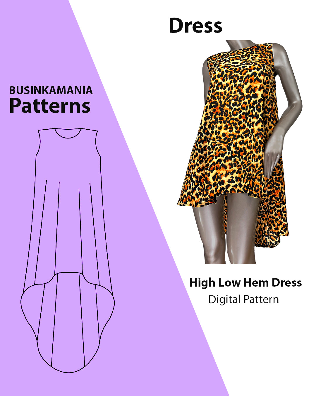 Schnittmuster für ein A-Linien-Kleid mit hohem, niedrigem Saum