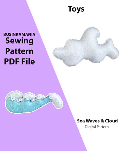 Patrón de costura de juguete de fieltro con olas marinas y nubes