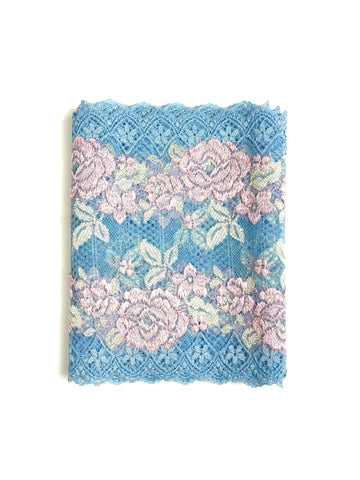 Adorno de encaje elástico azul con flor rosa claro de 16 cm de ancho