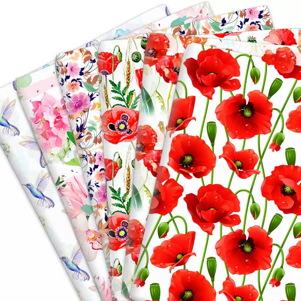 Mohnblumen- und Blumendruck, 50 x 145 cm, 4-Wege-Stretch, elastisch, hochwertiger Stoff für Dessous